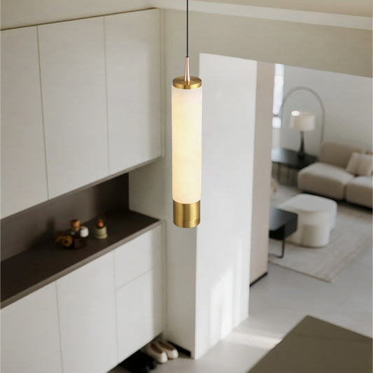 Modern delicate cylindrical pendant light featuring a natural marble finish and a lens light source at the bottom-(1001-1003)
